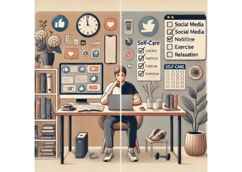 DALL·E 2025 01 08 19.08.15 An illustration representing the balance between social media use and self care without any spiritual elements. The image shows a person sitting at a
